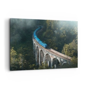 Obraz na płótnie - Niebieski pociąg na zabytkowym wiadukcie wśród lasów - 120x80cm - Pociąg do natury - Nowoczesna dekoracja ścienna do salonu, kuchni i sypialni ARTTOR