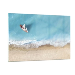 Obraz na szkle - Żaglówka na lazurowym morzu przy piaszczystej plaży - 120x80cm - Na granicy błękitu i złota - Nowoczesna dekoracja ścienna do salonu, kuchni i sypialni ARTTOR