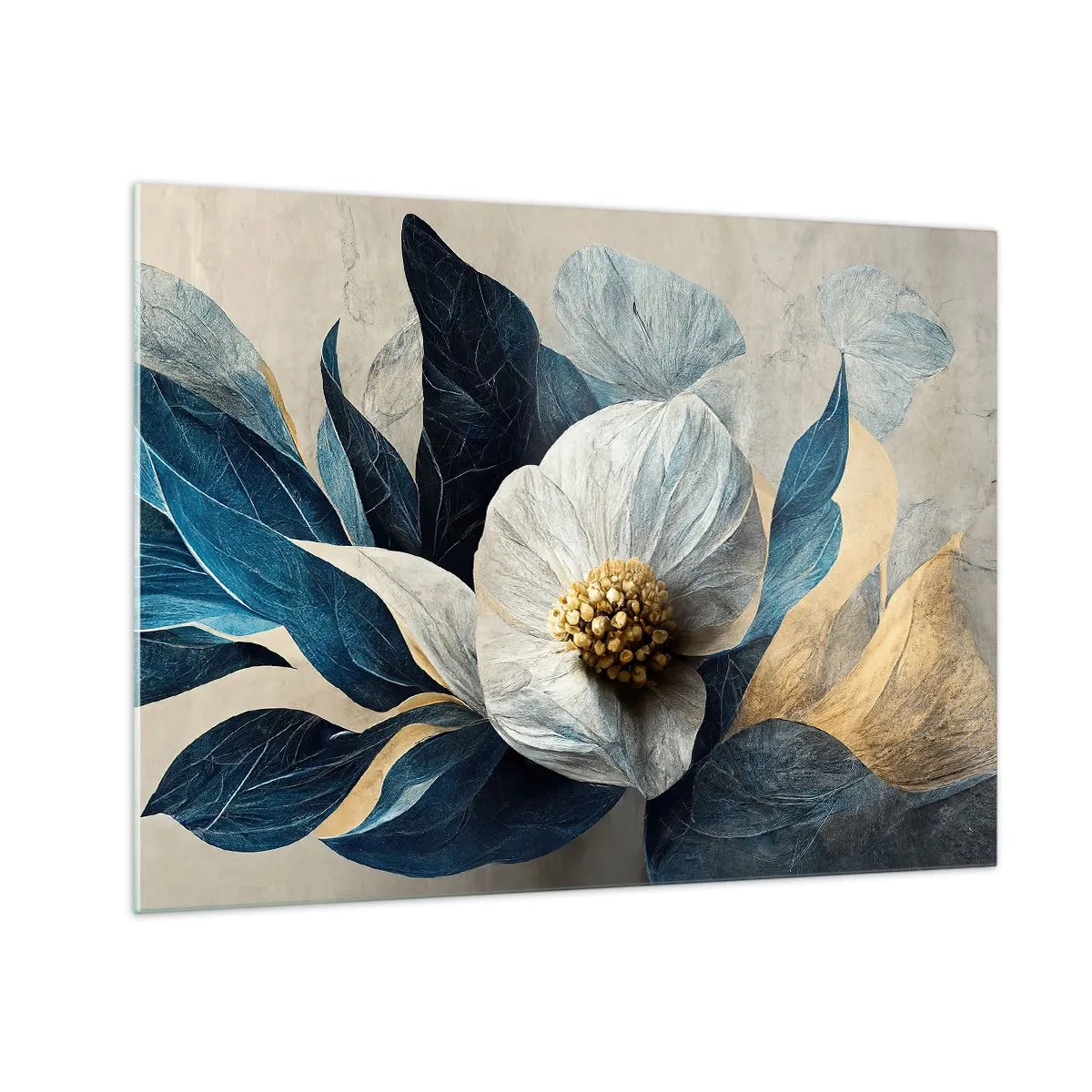 Obraz na szkle - Biała kwiatowa kompozycja z granatowymi liśćmi i złotym środkiem - 70x50cm - Ma złote serce - Nowoczesna dekoracja ścienna do salonu i sypialni ARTTOR