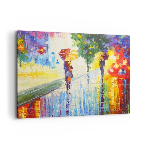 Obraz na płótnie - Spacer z parasolką w kolorowym deszczowym pejzażu - 120x80cm - I wszystko jasne - Nowoczesna dekoracja ścienna do salonu, kuchni i sypialni ARTTOR
