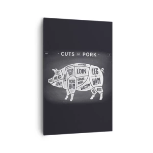 Obraz na płótnie - Diagram cięć wieprzowych na czarnym tle - 80x120cm - Elementarz masarza - Nowoczesna dekoracja ścienna do salonu i sypialni ARTTOR