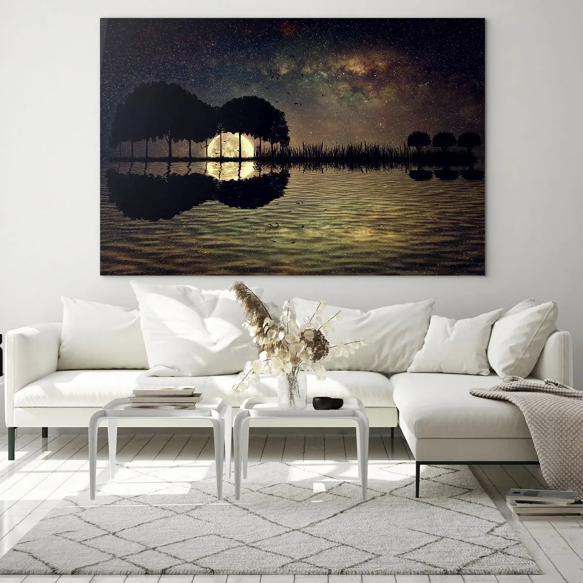 Obraz na szkle - Nocna scena z pełnią księżyca odbijającą się w wodzie - 100x70cm - Noc na krańcu świata - Nowoczesna dekoracja ścienna do salonu, kuchni i sypialni ARTTOR