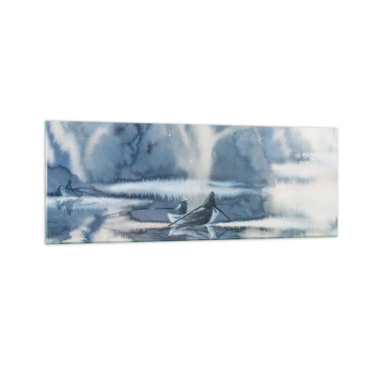 Obraz na szkle - Akwarelowy krajobraz z łodziami na jeziorze otoczonym mglistym lasem - 140x50cm - Wędkarze w swoim raju - Nowoczesna dekoracja ścienna do salonu i sypialni ARTTOR