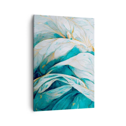 Obraz na płótnie - Abstrakcyjne liście w odcieniach turkusu i bieli z delikatnymi złotymi akcentami - 50x70cm - Błękitna abstrakcja z motywem złota - Nowoczesna dekoracja ścienna do salonu, kuchni i sypialni ARTTOR