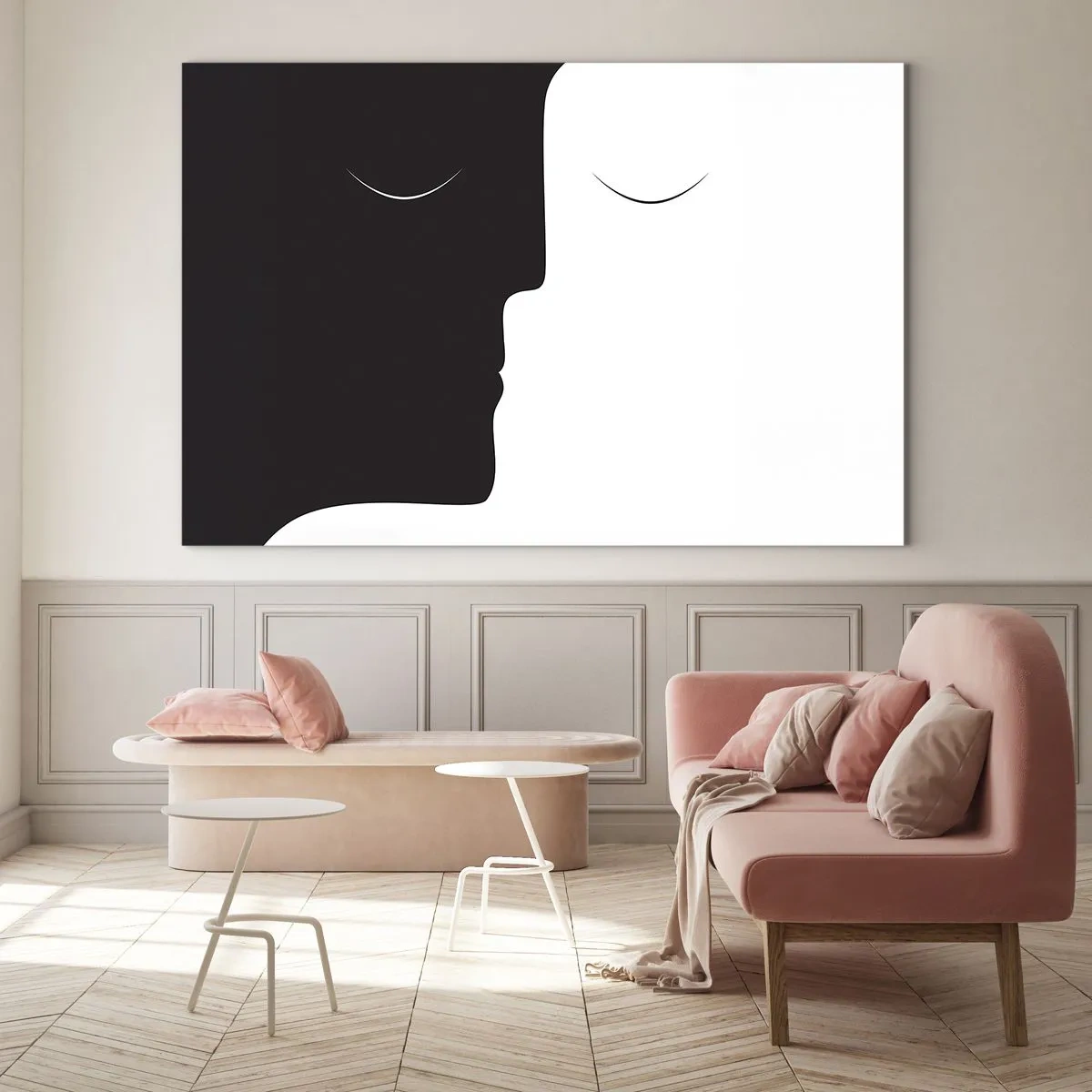 Obraz na szkle - Minimalistyczne czarno-białe twarze tworzące jedność - 70x50cm - Jedność przeciwieństw - Nowoczesna dekoracja ścienna do salonu i sypialni ARTTOR