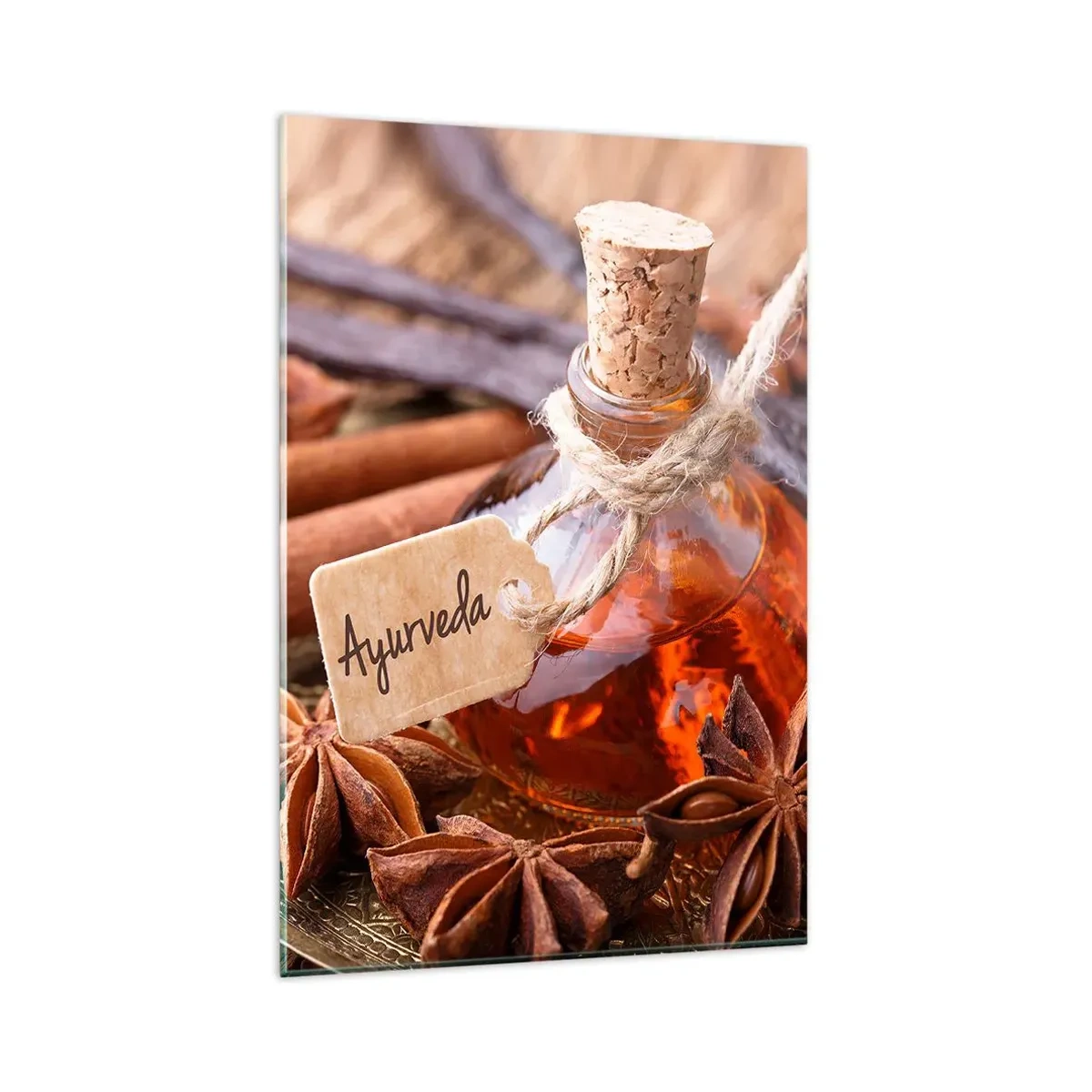 Obraz na szkle - Butelka olejku z przyprawami na tacy - 80x120cm - Ku jedności ciała i ducha - Nowoczesna dekoracja ścienna do salonu i sypialni ARTTOR