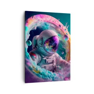 Obraz na płótnie - Astronauta eksplorujący galaktyczne wrota pełne kolorów - 50x70cm - Gwiezdne wrota - Nowoczesna dekoracja ścienna do salonu, kuchni i sypialni ARTTOR
