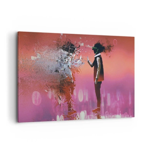 Obraz na płótnie - Abstrakcyjna scena z futurystyczną postacią i rozpraszającymi się elementami - 100x70cm - Czy można wejrzeć w siebie? - Nowoczesna dekoracja ścienna do salonu, kuchni i sypialni ARTTOR
