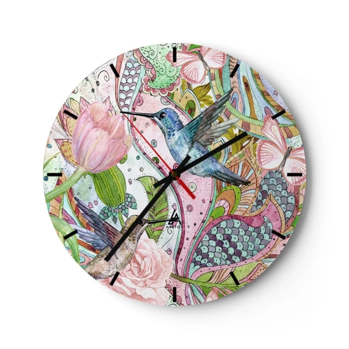 Zegar ścienny - Kolorowe kolibry i kwiaty na tle artystycznych wzorów - 30x30cm - Wplątane w pnączach - Nowoczesna dekoracja ścienna do salonu, kuchni i sypialni ARTTOR