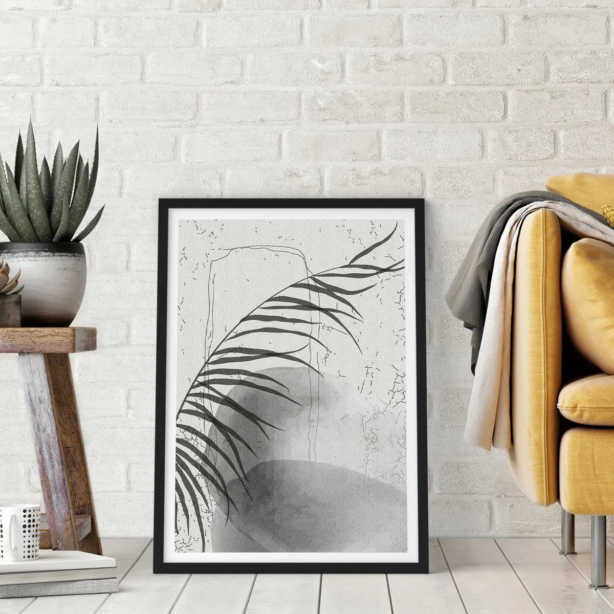 Plakat w czarnej ramie - Minimalistyczna botaniczna kompozycja w odcieniach szarości - 50x70cm - Subtelna egzotyka natury - Nowoczesna dekoracja ścienna do salonu i sypialni ARTTOR