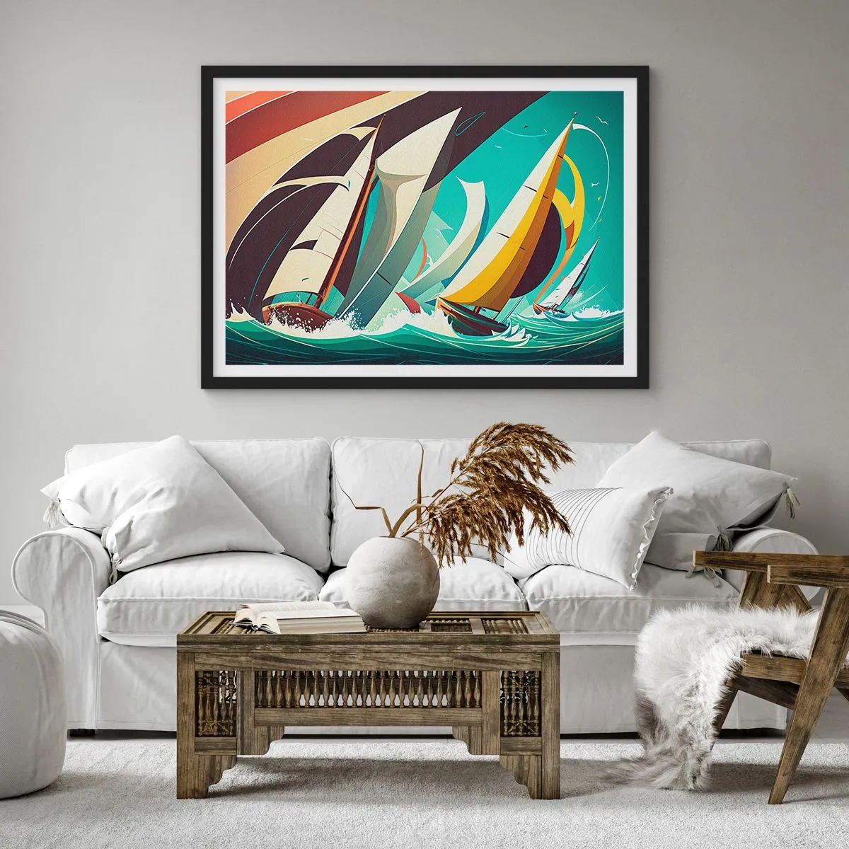 Plakat w czarnej ramie - Dynamiczna ilustracja żaglówek na wzburzonym morzu - 70x50cm - Z żywiołami za pan brat - Nowoczesna dekoracja ścienna do salonu i sypialni ARTTOR