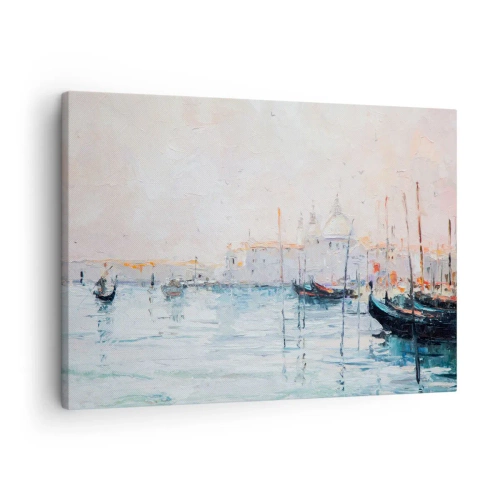Obraz na płótnie - Malowniczy widok na kanały z łodziami w pastelowych kolorach - 70x50cm - Za wodą, za mgłą - Nowoczesna dekoracja ścienna do salonu i sypialni ARTTOR