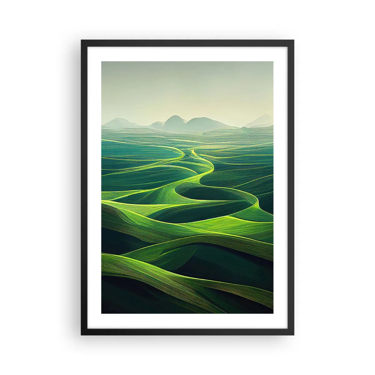 Plakat w czarnej ramie - Zielone faliste pola z widokiem na góry - 50x70cm - W zielonych dolinach - Nowoczesna dekoracja ścienna do salonu i sypialni ARTTOR