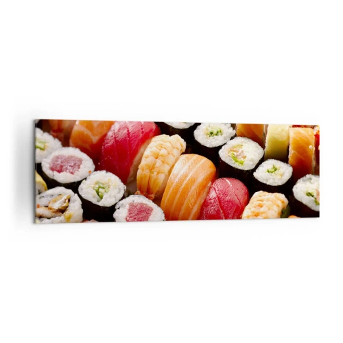 Obraz na płótnie - Kolorowe sushi ułożone w rzędy z różnorodnymi dodatkami - 160x50cm - Barwy i smaki Azji - Nowoczesna dekoracja ścienna do salonu i sypialni ARTTOR