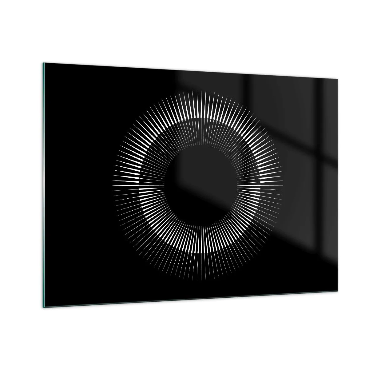 Obraz na szkle - Białe promienie tworzące okrąg na czarnym tle - 100x70cm - Czarne Słońce - Nowoczesna dekoracja ścienna do salonu, kuchni i sypialni ARTTOR