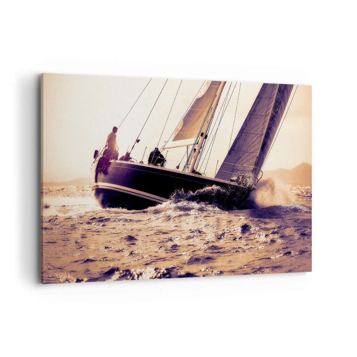 Obraz na płótnie - Jacht na wzburzonym morzu w świetle zachodzącego słońca - 120x80cm - Żeglujże, żeglarzu - Nowoczesna dekoracja ścienna do salonu, kuchni i sypialni ARTTOR