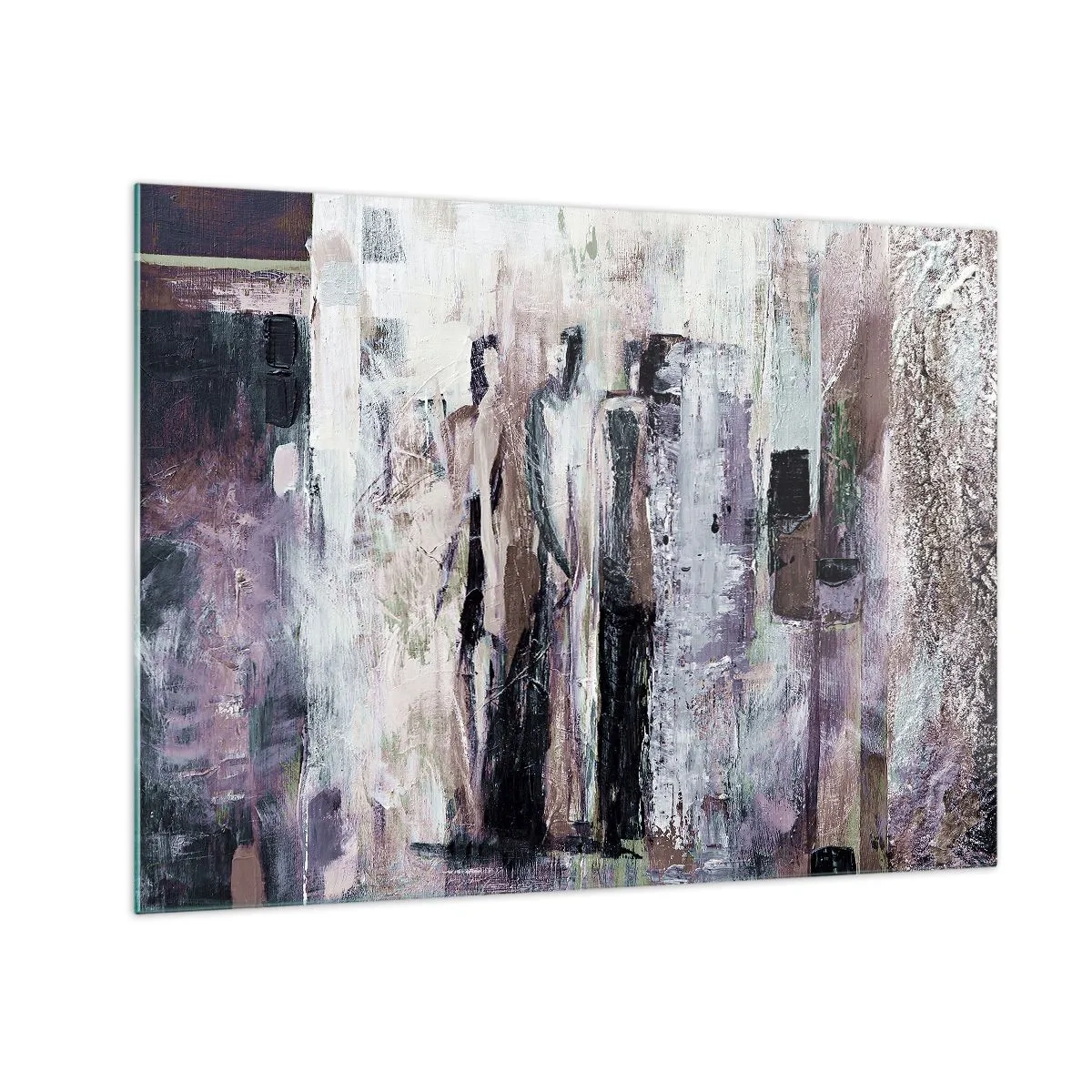 Obraz na szkle - Abstrakcyjne sylwetki postaci na tle w fakturze farby - 70x50cm - Tajemnicza trójka - Nowoczesna dekoracja ścienna do salonu i sypialni ARTTOR
