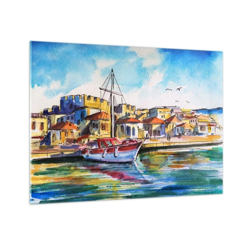 Obraz na szkle - Kolorowa marina z żaglówką i śródziemnomorską zabudową - 70x50cm - Tęczowe popołudnie - Nowoczesna dekoracja ścienna do salonu i sypialni ARTTOR