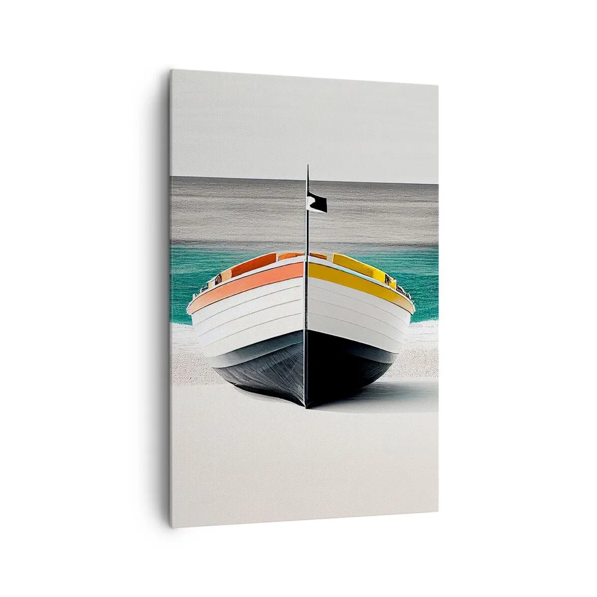 Obraz na płótnie - Łódź na plaży z turkusowym morzem w tle - 80x120cm - Na swoim miejscu - Nowoczesna dekoracja ścienna do salonu i sypialni ARTTOR