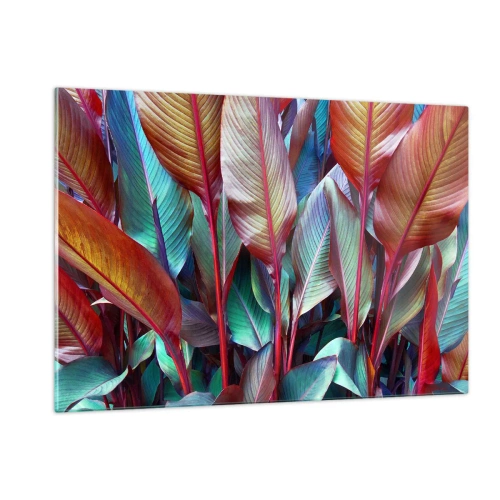 Obraz na szkle - Barwny gąszcz liści w odcieniach czerwieni, zieleni i fioletu - 120x80cm - Kolorowy gąszcz - Nowoczesna dekoracja ścienna do salonu, kuchni i sypialni ARTTOR