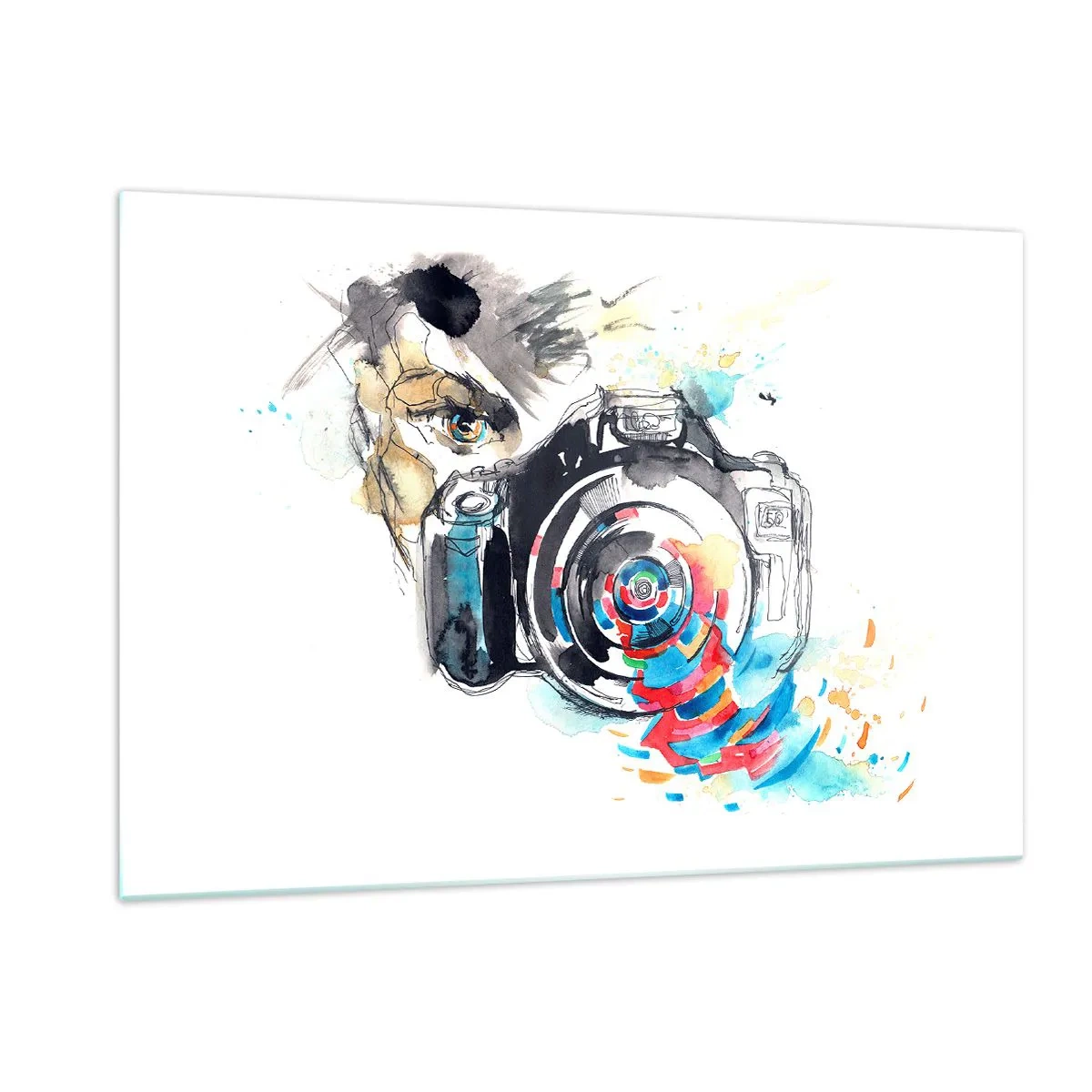 Obraz na szkle - Aparat fotograficzny z abstrakcyjnymi kolorowymi elementami - 120x80cm - W oku obiektywu - Nowoczesna dekoracja ścienna do salonu, kuchni i sypialni ARTTOR