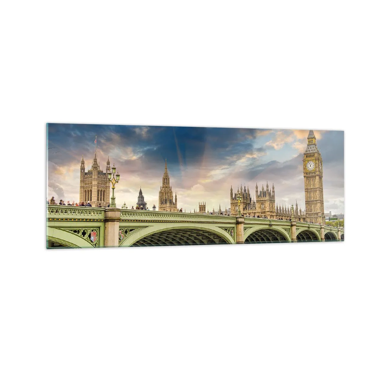 Obraz na szkle - Big Ben i Westminster Bridge na tle nieba o zmierzchu - 140x50cm - Czas stanął w Imperium - Nowoczesna dekoracja ścienna do salonu i sypialni ARTTOR