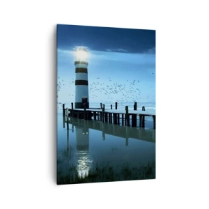Obraz na płótnie - Latarnia morska przy molo oświetlona nocą - 70x100cm - I nie boisz się ciemności - Nowoczesna dekoracja ścienna do salonu i sypialni ARTTOR