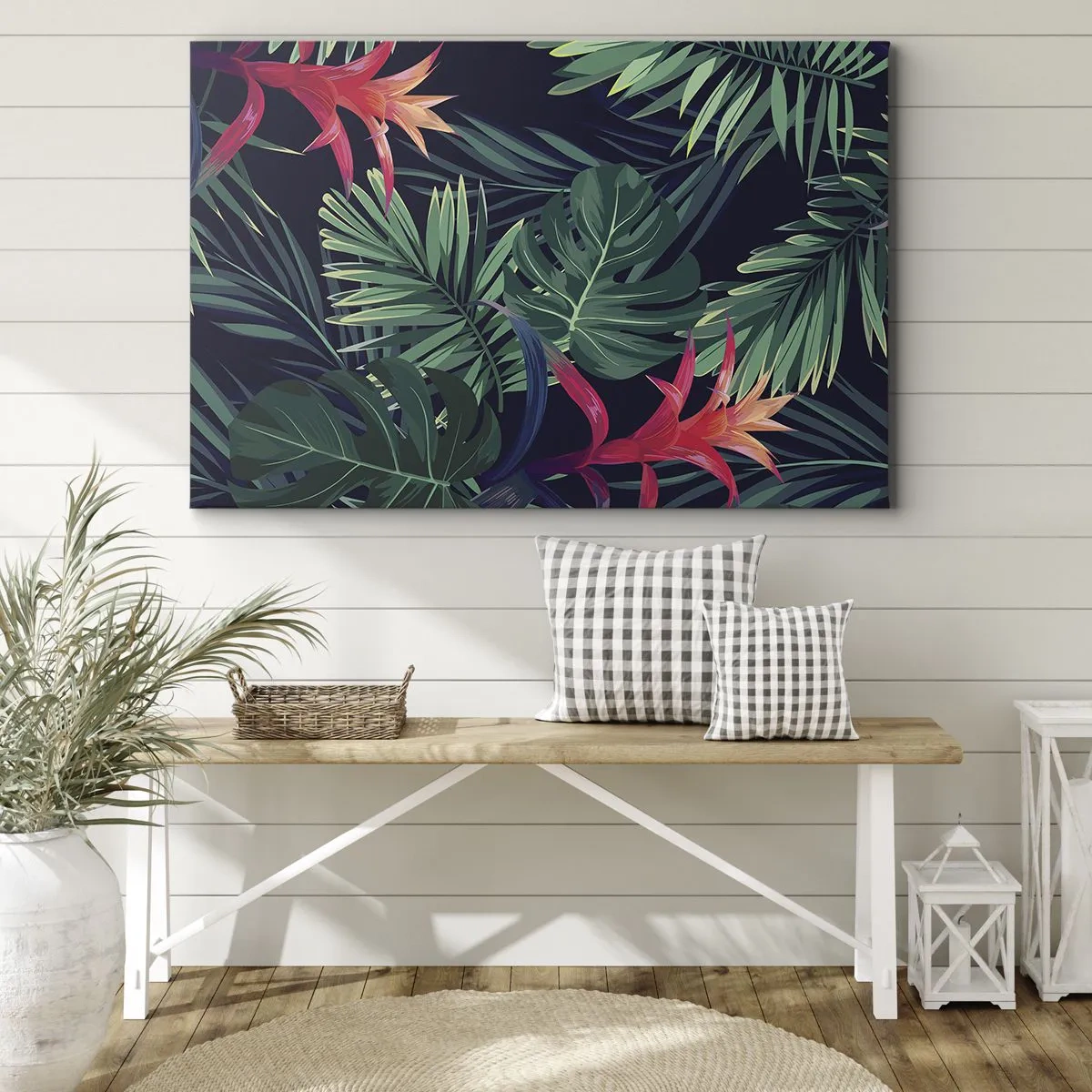 Obraz na płótnie - Tropikalne liście i kwiaty na ciemnym tle - 70x50cm - Zapłonąć w zieleni - Nowoczesna dekoracja ścienna do salonu i sypialni ARTTOR