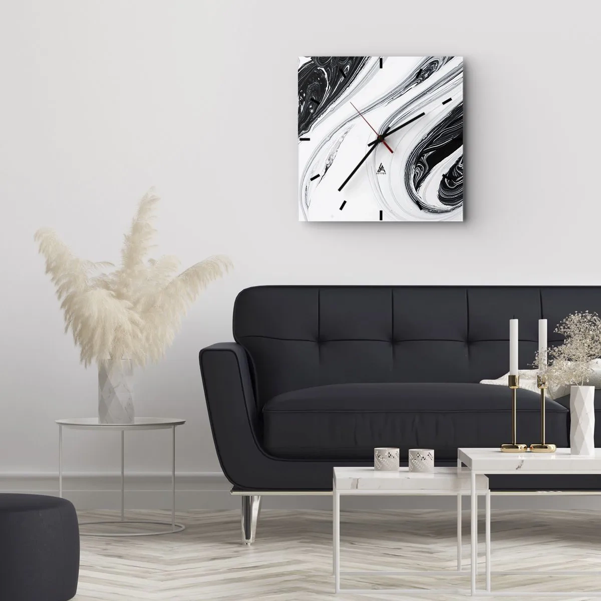 Zegar ścienny - Czarno-biała abstrakcja z dynamicznymi liniami i wirami - 30x30cm - Połączenie przeciwieństw - Nowoczesna dekoracja ścienna do salonu i sypialni ARTTOR