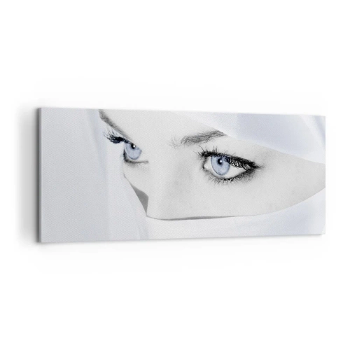 Obraz na płótnie - Portret kobiety z błękitnymi oczami ukrytej za białym welonem - 120x50cm - Wprost z tysiąca i jednej nocy - Nowoczesna dekoracja ścienna do salonu i sypialni ARTTOR