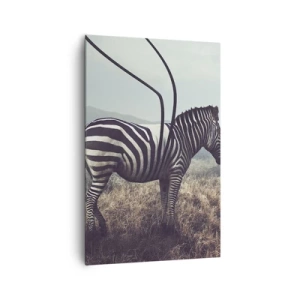 Obraz na płótnie - Surrealistyczna zebra na tle trawiastego krajobrazu - 80x120cm - Uwaga! Usterka - Nowoczesna dekoracja ścienna do salonu i sypialni ARTTOR