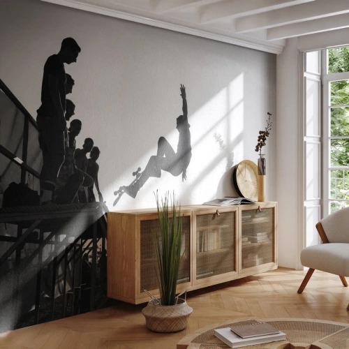 Fototapeta Standard Eco - Czarno-biała scena skateboardingu na rampie - 100x70cm - Bohaterowie i widzowie - Nowoczesna dekoracja ścienna do salonu i sypialni ARTTOR