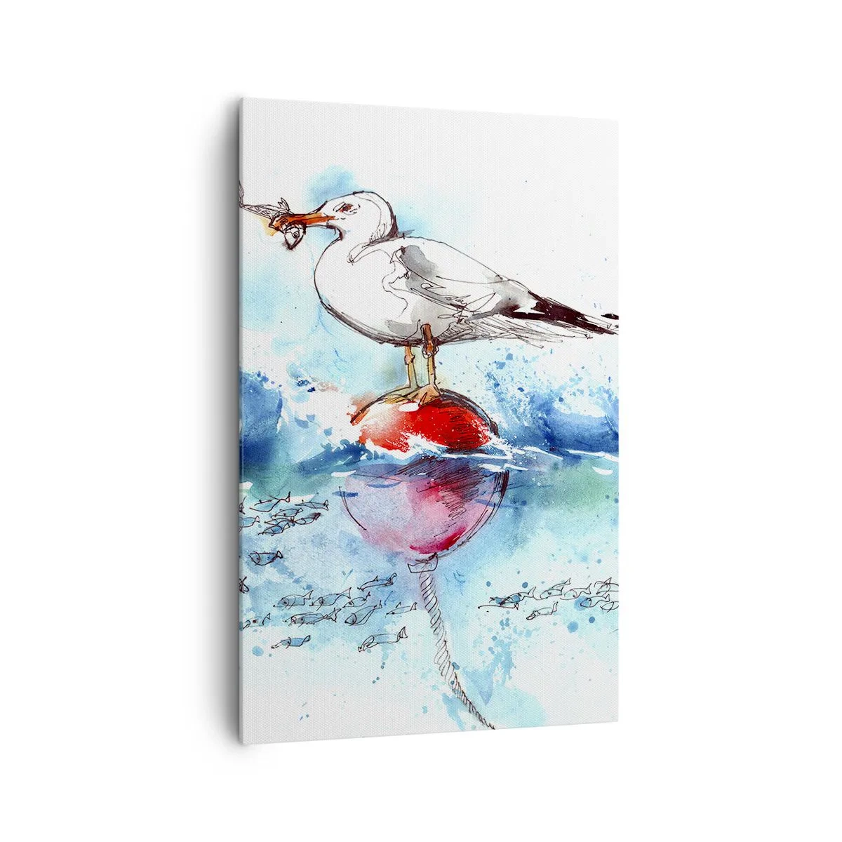 Obraz na płótnie - Mewa na boi z rybami w tle w akwarelowym stylu - 80x120cm - Udany połów - Nowoczesna dekoracja ścienna do salonu i sypialni ARTTOR