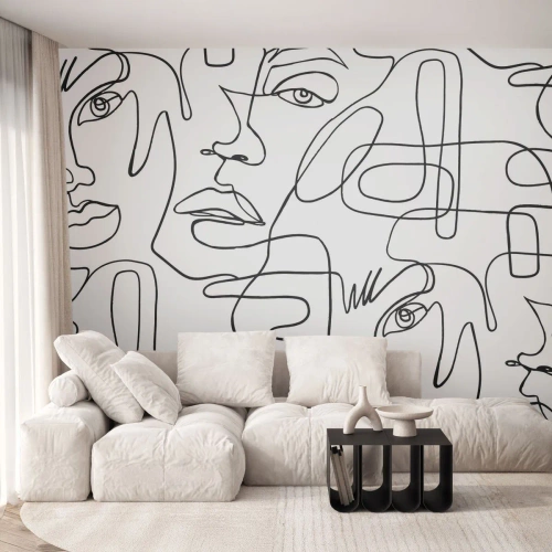 Fototapeta Premium Canvas - Minimalistyczny rysunek twarzy z liniami na jasnym tle - 100x70cm - W splątanych emocjach - Nowoczesna dekoracja ścienna do salonu i sypialni ARTTOR