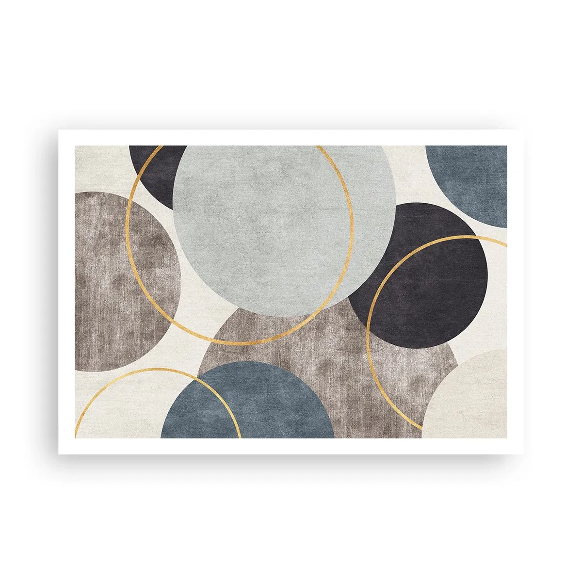 Plakat - Geometryczne okręgi w odcieniach szarości, błękitu i złota - 100x70cm - Koło za kołem - Nowoczesna dekoracja ścienna do salonu i sypialni ARTTOR