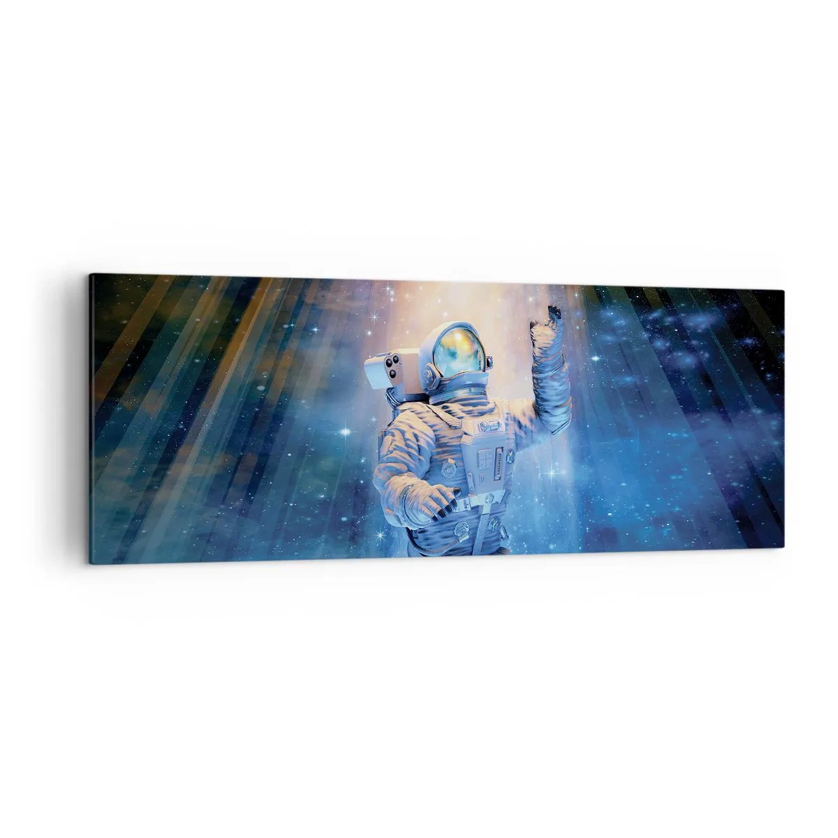 Obraz na płótnie - Astronauta w świetle kosmicznej eksplozji pełnej gwiazd - 140x50cm - Wreszcie u celu - Nowoczesna dekoracja ścienna do salonu i sypialni ARTTOR