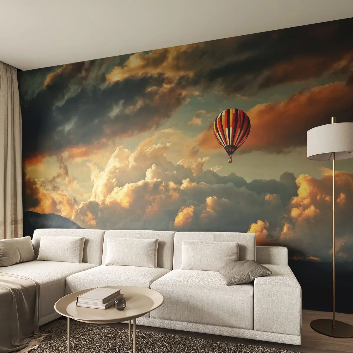 Fototapeta Premium Sand - Balon na tle malowniczych chmur i gór - 100x70cm - Lecę, bo chcę - Nowoczesna dekoracja ścienna do salonu, kuchni i sypialni ARTTOR