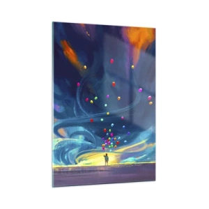 Obraz na szkle - Osoba trzymająca kolorowe balony na tle niebieskiego wiatru - 50x70cm - Na niebieski wiatr - Nowoczesna dekoracja ścienna do salonu, kuchni i sypialni ARTTOR