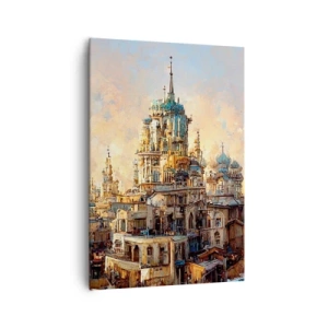 Obraz na płótnie - Architektoniczne wieże w promieniach zachodzącego słońca - 70x100cm - Miasto miast - Nowoczesna dekoracja ścienna do salonu i sypialni ARTTOR