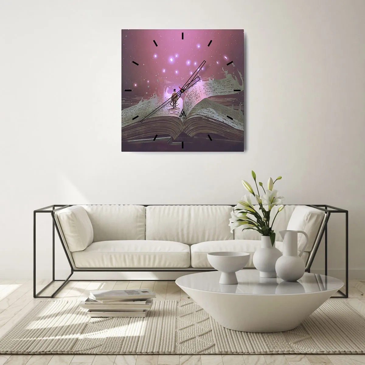 Zegar ścienny - Postać wchodząca na otwartą książkę w magicznym świetle - 30x30cm - Zaproszenie do innego świata - przeczytaj! - Nowoczesna dekoracja ścienna do salonu i sypialni ARTTOR