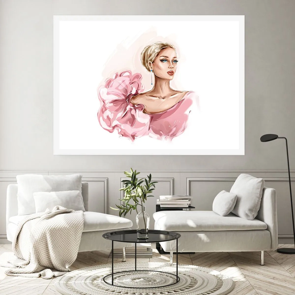 Plakat - Portret kobiety w różowej sukni na jasnym tle - 100x70cm - Jak  malowana… - Nowoczesna dekoracja ścienna do salonu i sypialni ARTTOR