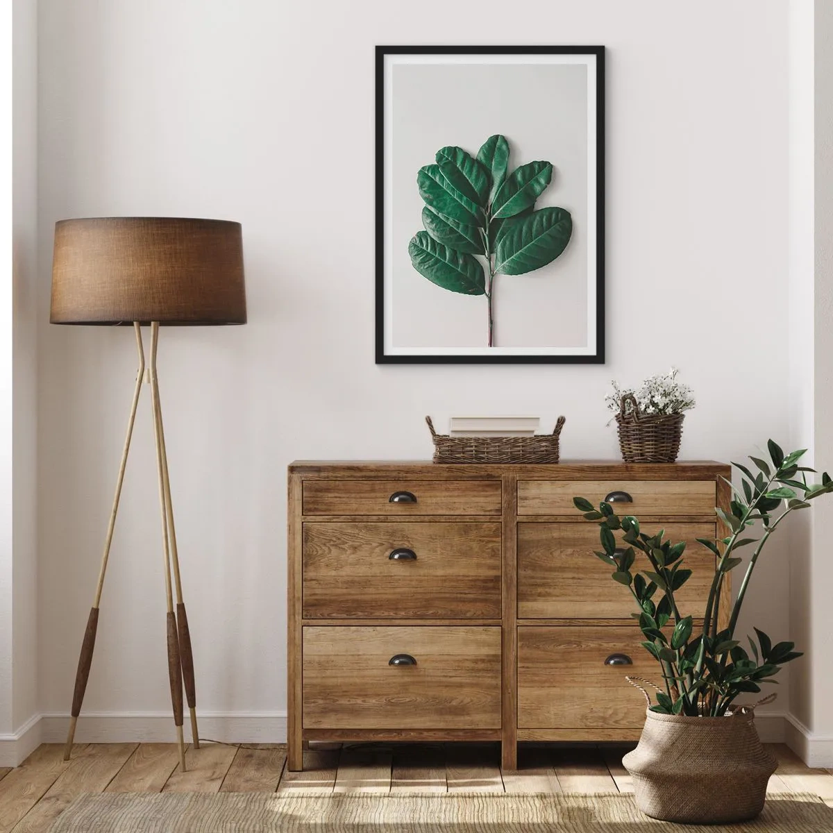 Plakat w czarnej ramie - Gałązka z ciemnozielonymi liśćmi na jasnym tle - 50x70cm - Rysunek samej natury - Nowoczesna dekoracja ścienna do salonu i sypialni ARTTOR