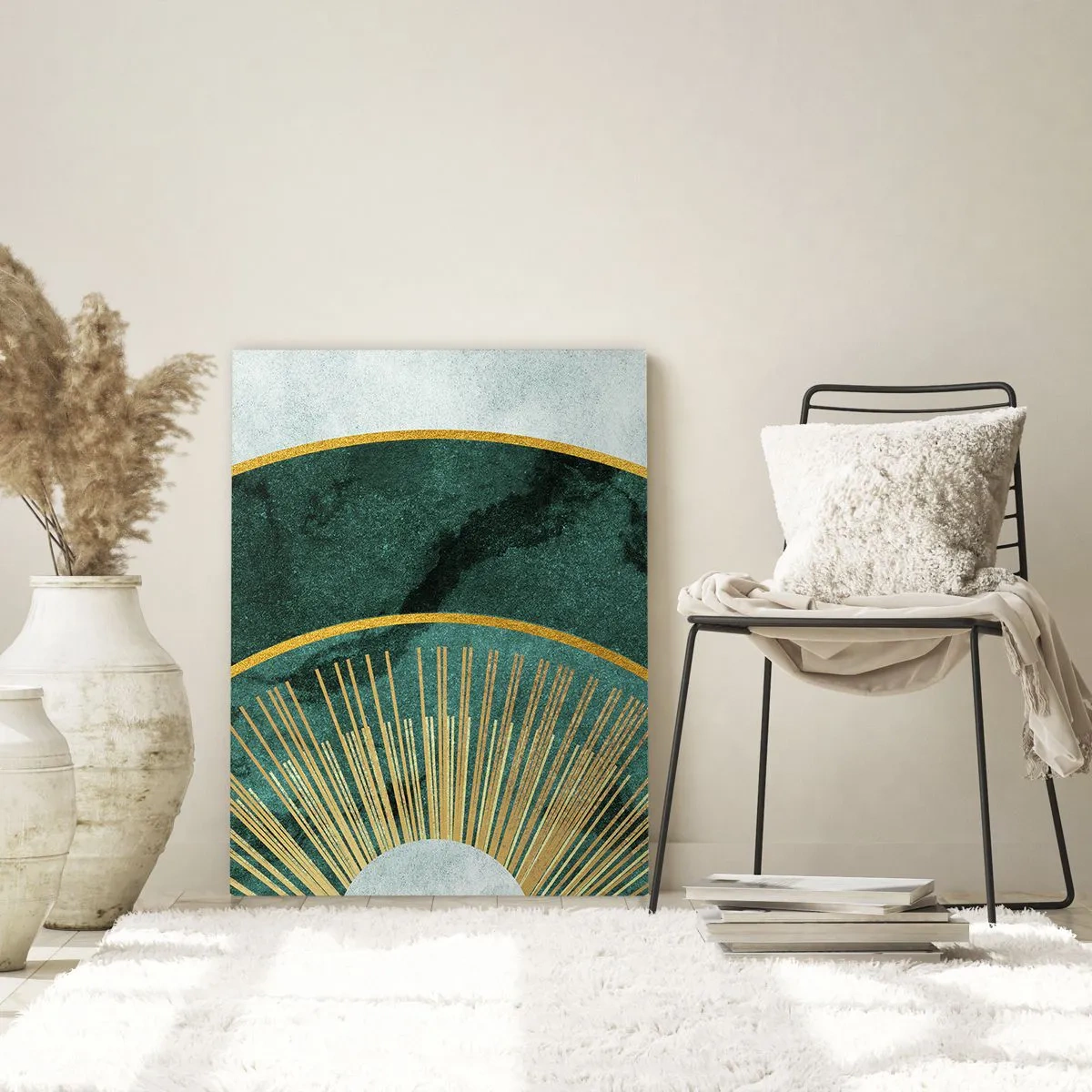 Obraz na szkle - Złote promienie na tle zielonych półokręgów o strukturze marmuru - 50x70cm - Inny układ słoneczny - Nowoczesna dekoracja ścienna do salonu, kuchni i sypialni ARTTOR