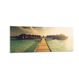 Obraz na szkle - Drewniany pomost prowadzący do domków na wodzie oświetlonych promieniami słońca - 140x50cm - Gorące zaproszenie - Nowoczesna dekoracja ścienna do salonu i sypialni ARTTOR