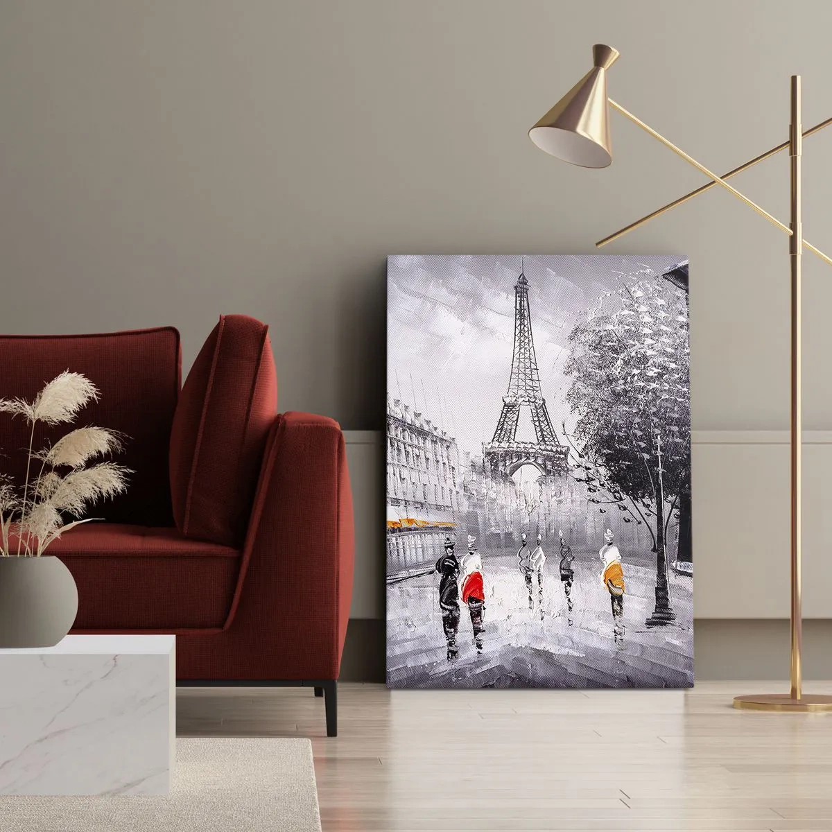 Obraz na płótnie - Wieża Eiffla w deszczowym Paryżu z akcentami kolorów - 50x70cm - Paryska przechadzka - Nowoczesna dekoracja ścienna do salonu, kuchni i sypialni ARTTOR