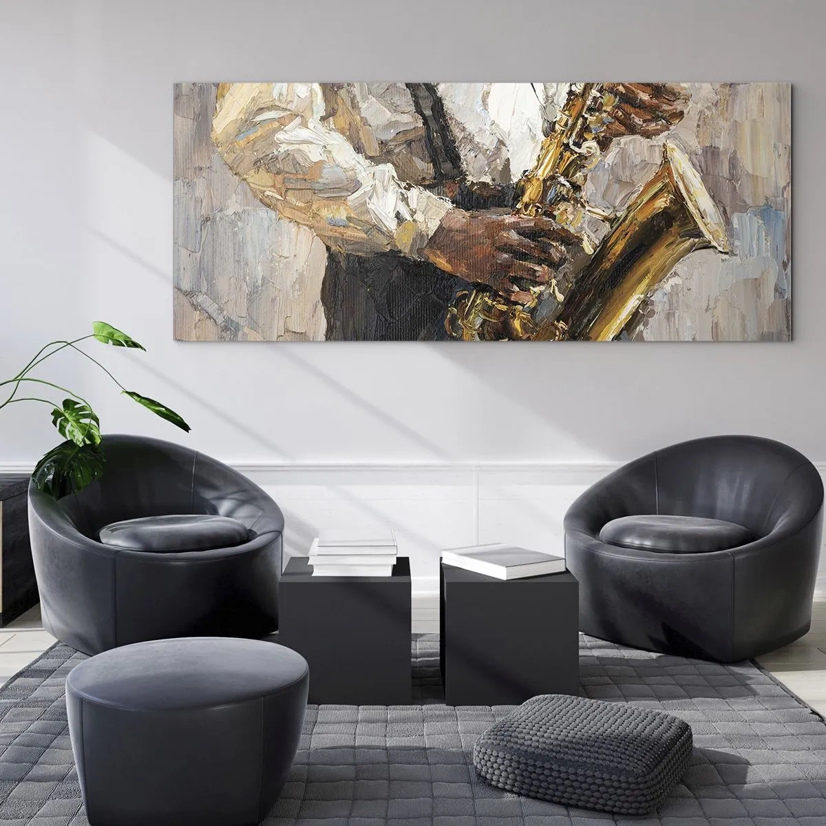 Obraz na szkle - Muzyk grający na saksofonie w artystycznym stylu - 120x50cm - Czas na solo - Nowoczesna dekoracja ścienna do salonu i sypialni ARTTOR