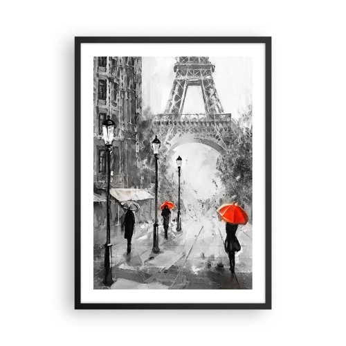 Plakat w czarnej ramie - Czarno-biała Wieża Eiffla z czerwonymi parasolami w deszczu - 50x70cm - Wszystkie drogi prowadzą do niej - Nowoczesna dekoracja ścienna do salonu i sypialni ARTTOR