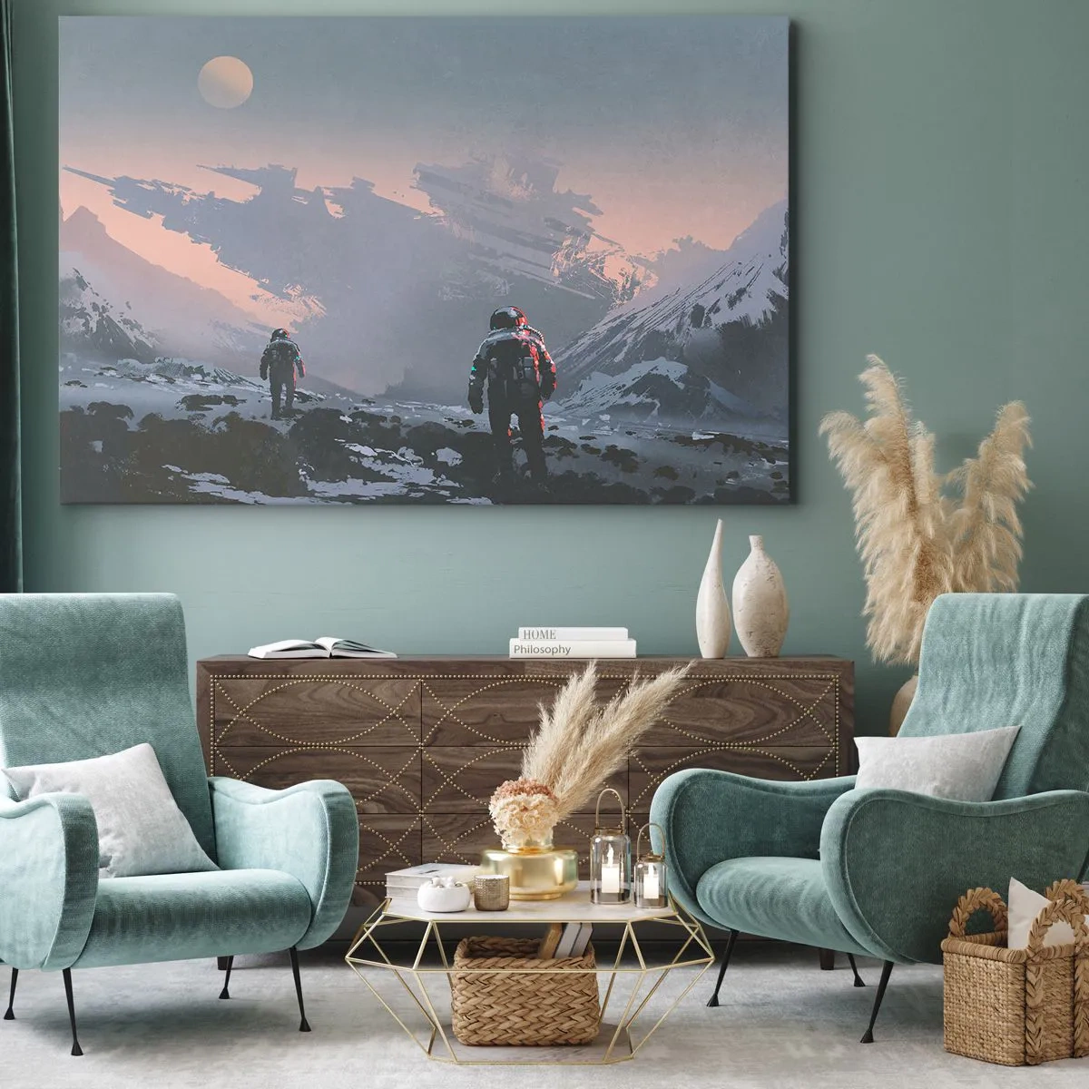 Obraz na płótnie - Astronauci na obcej planecie z wrakiem statku kosmicznego - 70x50cm - Pod nieznaną gwiazdą - Nowoczesna dekoracja ścienna do salonu i sypialni ARTTOR