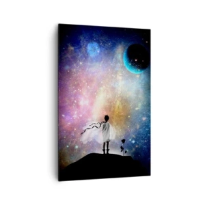 Obraz na płótnie - Magiczny portret Małego Księcia stojącego na planecie w otoczeniu gwiazd i planet - 80x120cm - Mały Książę - Nowoczesna dekoracja ścienna do salonu i sypialni ARTTOR