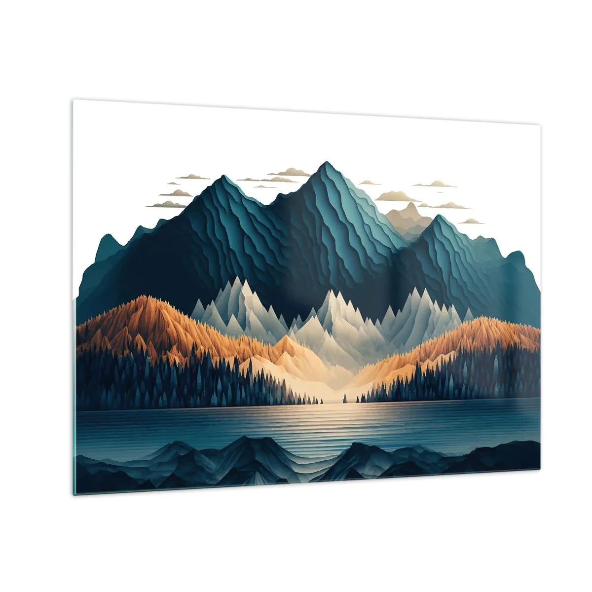Obraz na szkle - Stylizowany krajobraz górski z lasem i jeziorem - 70x50cm - Pejzaż górski doskonały - Nowoczesna dekoracja ścienna do salonu i sypialni ARTTOR